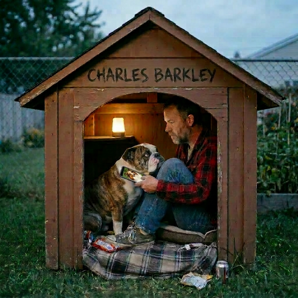 Man sitting inside a doghouse watching television with snacks and a can of soda
